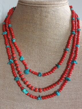 Vintage Sterling Silver Red Sponge Coral Turquioise Three Strands Necklace 20"
